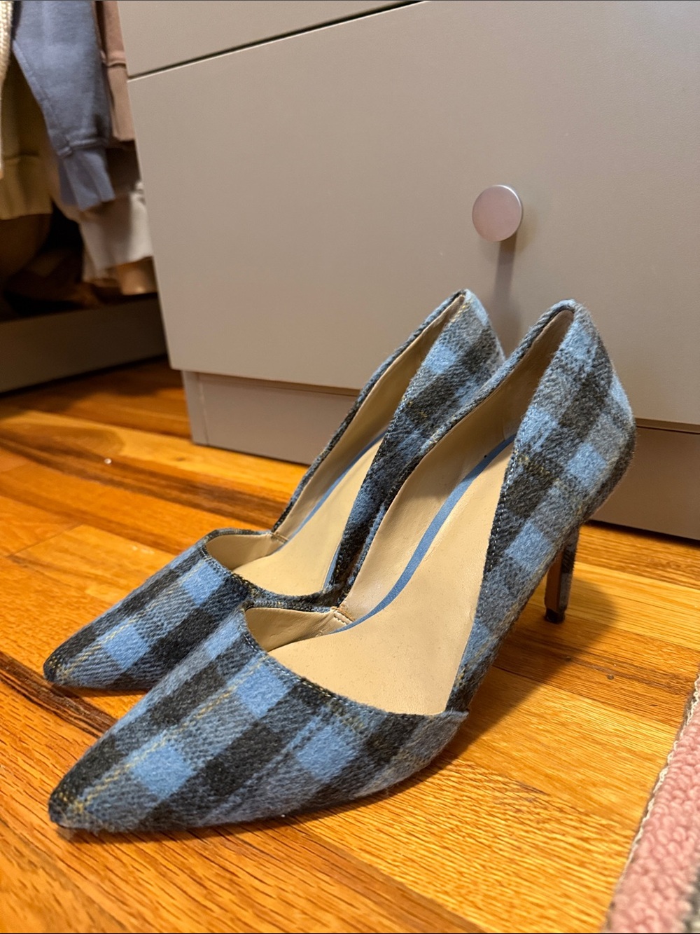 Ann Taylor Blue and Gray Plaid Pointed-Toe Stiletto Heels